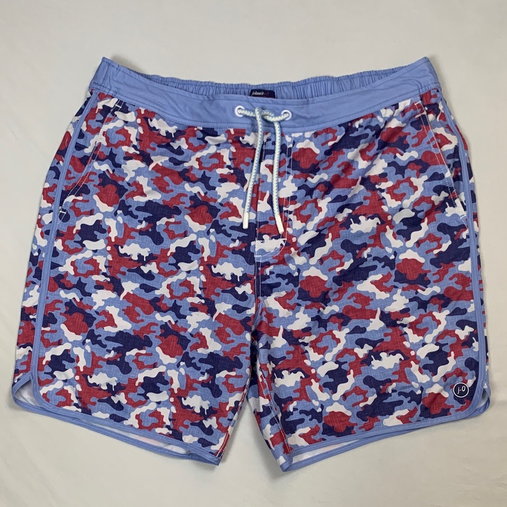 johnnie-O Men's Camo Swim Board Shorts Sz L AOP Boating Fishing Snorkeling EUC